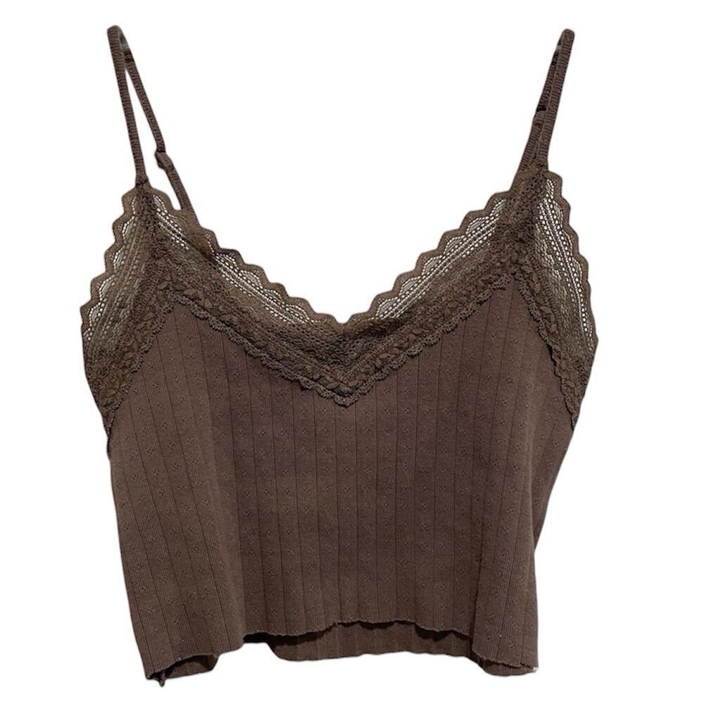 American Eagle Cropped Ribbed Tank Top Size Small Brown Lace Trim Boho
